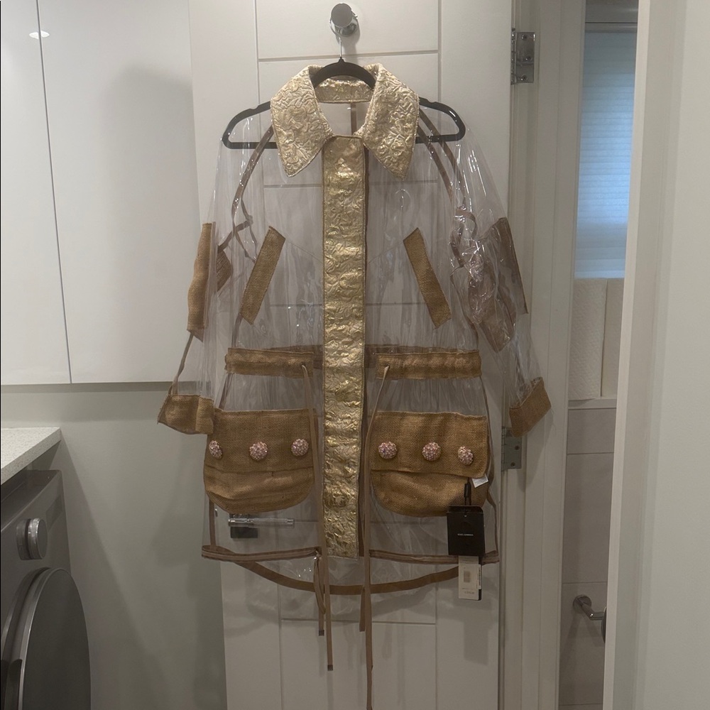 Dolce & Gabbana Clear PVC Coat with Gold Brocade Trim and Pocket Detail